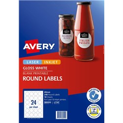 AVERY L7147 WHITE ROUND GLOSS Labels 24up 40mm Pack of 10 10 sheets 240 labels circle